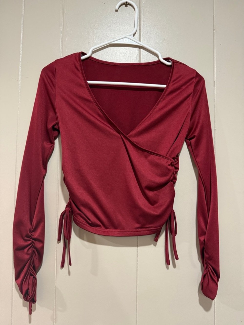 SHEIN Burgundy Ruched Wrap Long Sleeve Top